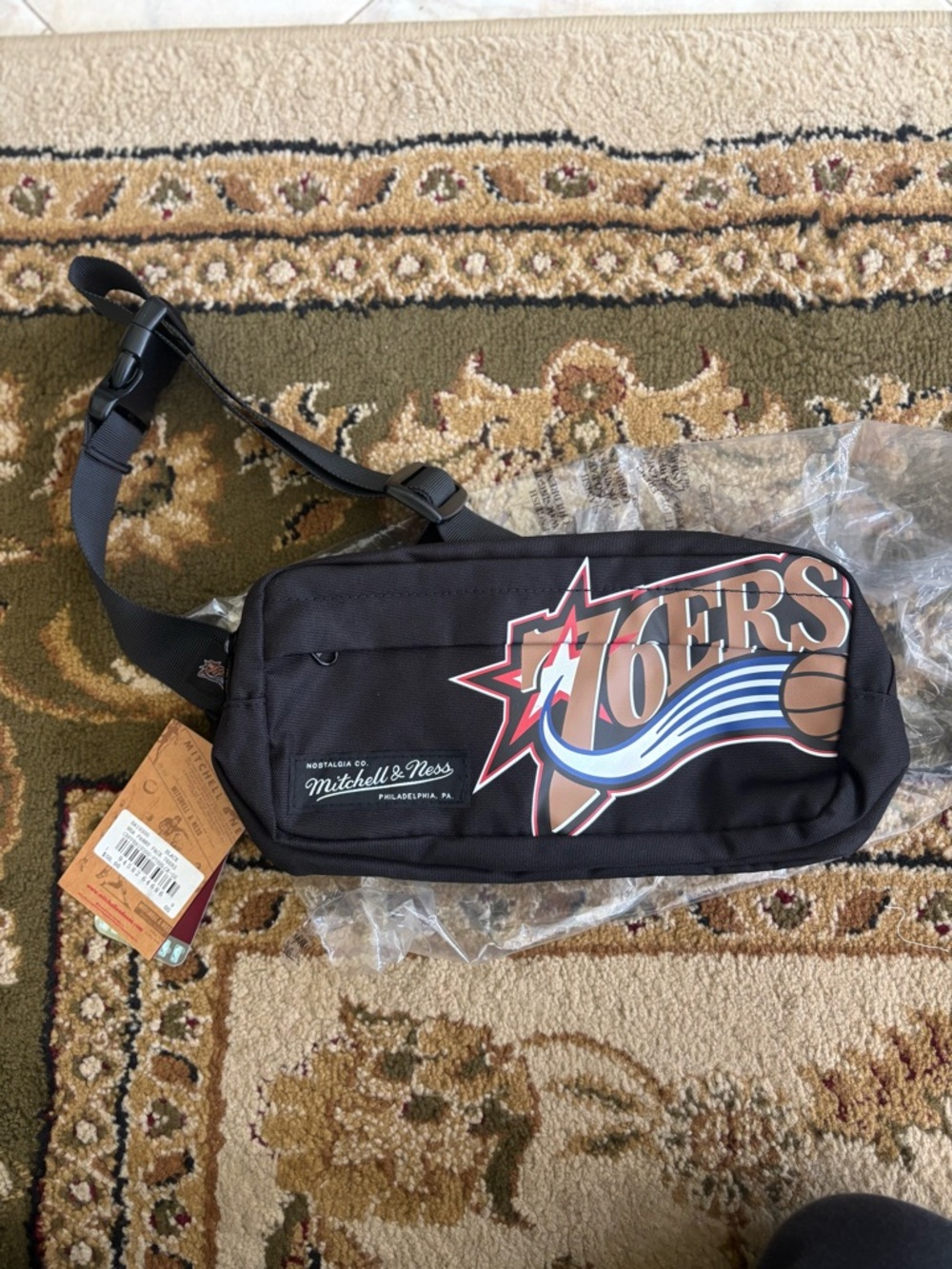 Mitchell & Ness Black 76ers Logo Sling Belt Bag